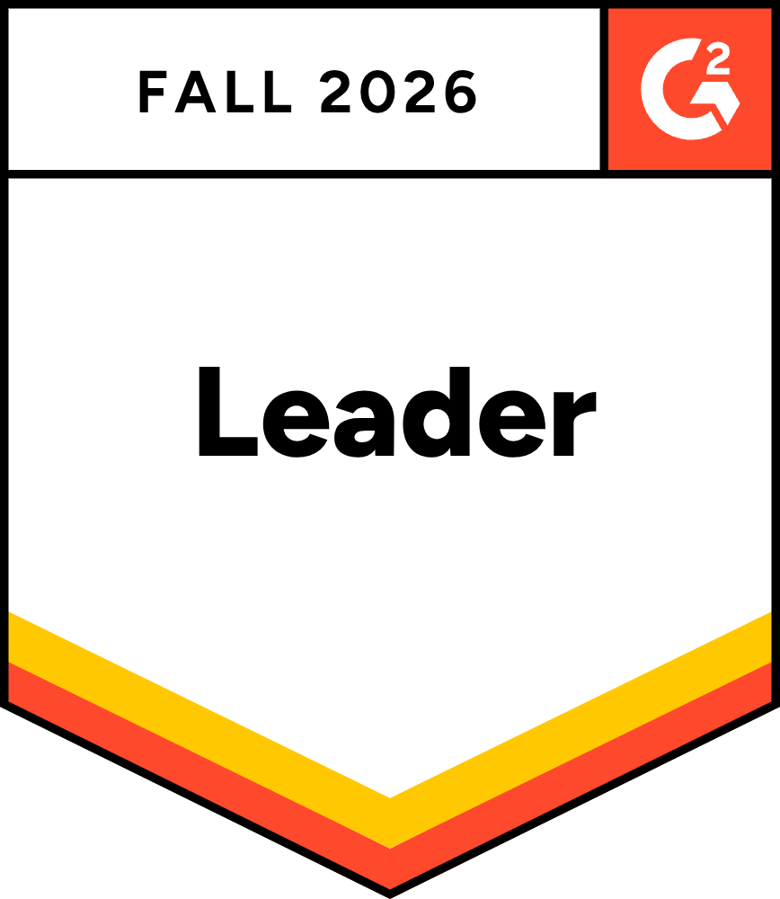 Badge for a Data Center Infrastructure Management company featuring “Fall 2026” at the top, the G2 logo beneath it, and “Leader” in bold black letters. The bottom edge is accented with red, orange, and yellow stripes.