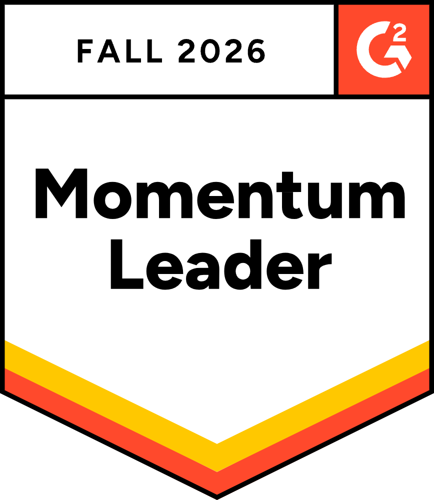 Badge featuring FALL 2026 and the G2 logo at the top, with Momentum Leader in bold black text below, representing Data Center Infrastructure Management. The bottom edge displays layered yellow, orange, and red lines.