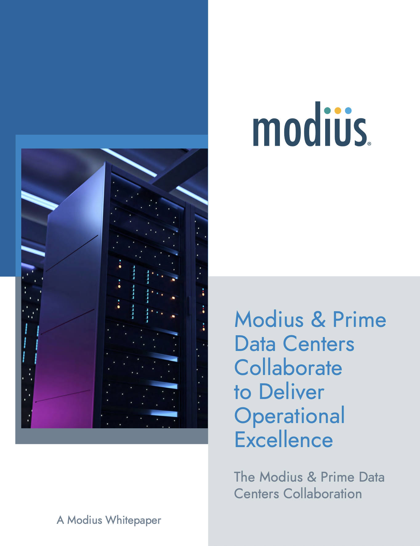 Whitepaper cover: "Modius & Prime Data Centers Collaboration," featuring a server rack image and Modius logo, emphasizing efficiency.