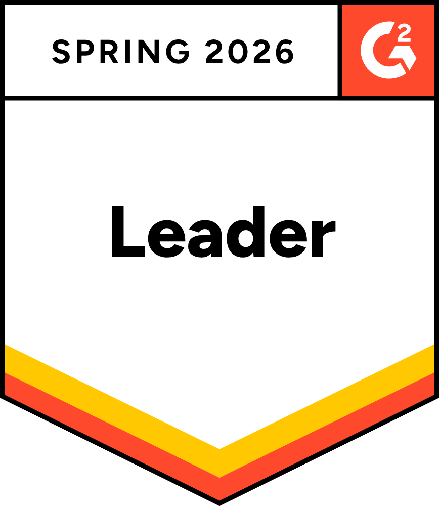 Badge featuring SPRING 2026 at the top, G2 logo in the corner, bold Leader at center; red, orange, yellow chevrons along bottom edge.
