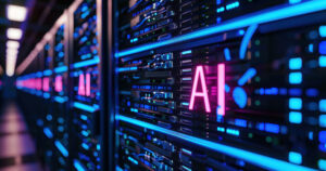 A futuristic server room with racks of CPU computers featuring i