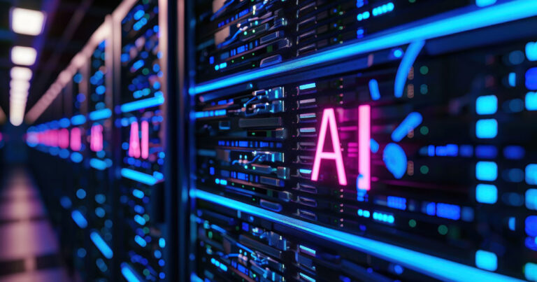 A futuristic server room with racks of CPU computers featuring i