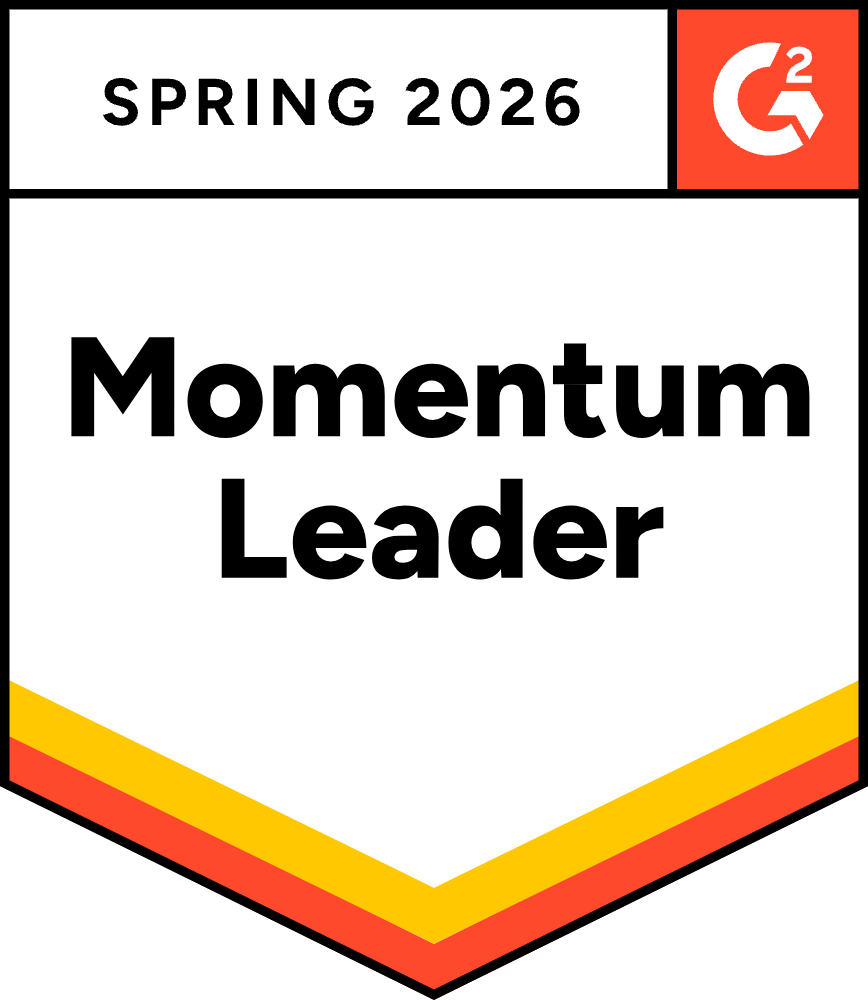 A badge with the G2 logo and "Spring 2026 Momentum Leader" in bold black text, for data center management, with striped border.