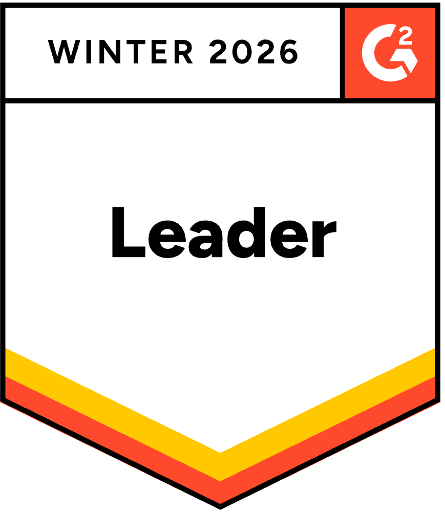 A badge showing the G2 logo, "Winter 2026" at the top, "Leader" in bold center, and data-inspired stripes below.
