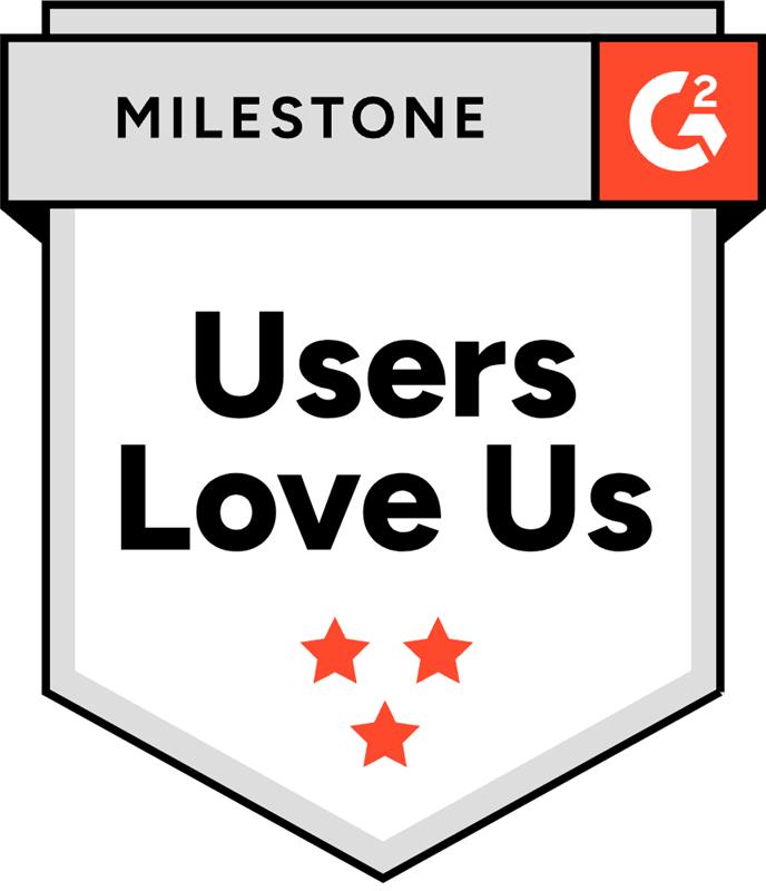 A badge featuring the G2 logo and "Milestone" at the top, with bold "Users Love Us" text and three red stars, for a DCIM company.