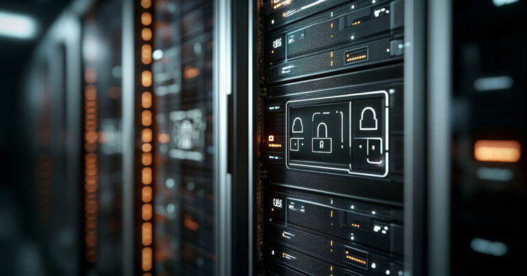 Rows of server racks with cybersecurity overlays in a modern data center showcasing advanced technology