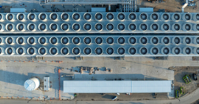 Chilling towers at an AI data center A bank of cooling towers a
