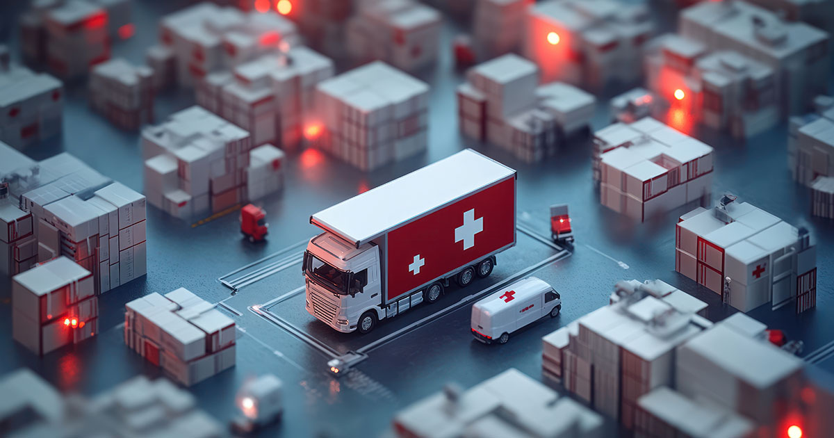 A large service truck and a smaller support van, marked with distinct symbols, manage equipment crates in a city using remote monitoring.