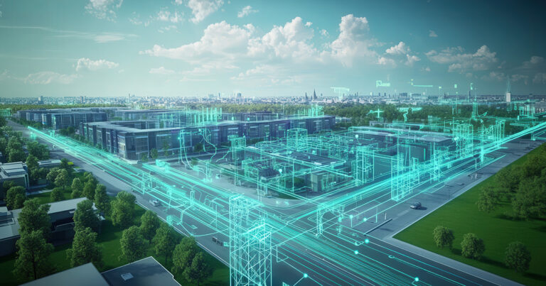 A smart grid system being managed by AI driven tools, with real time data showing how energy is distributed across the city and how the grid is optimized for efficiency