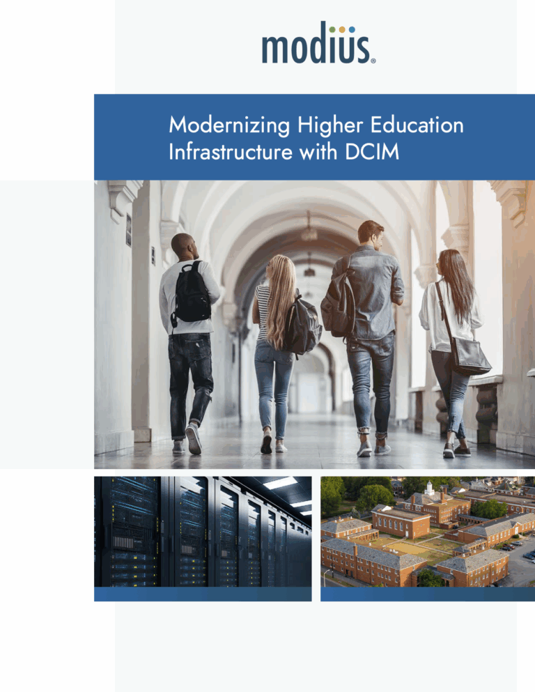 Cover page with students in a campus corridor above images of data center racks and campus building; title highlights DCIM solutions.