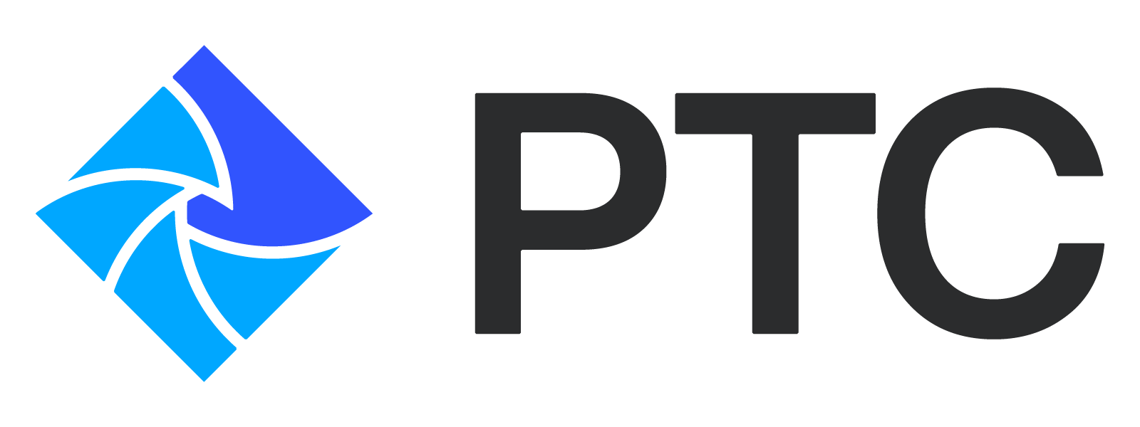 A blue geometric pinwheel logo, evoking connectivity and collaboration, sits left of bold black PTC letters on a light gray background.