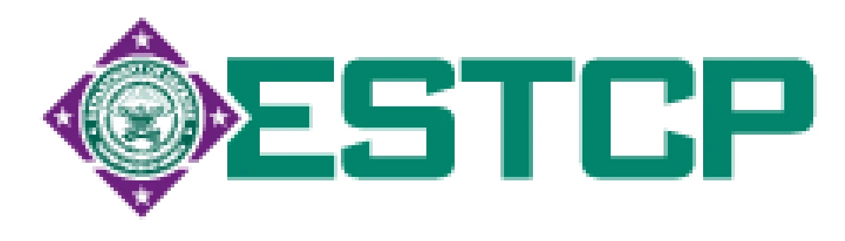 Logo with "ESTCP" in teal letters; to the left, a circular seal with eagle and stars inside a purple diamond with four white stars.