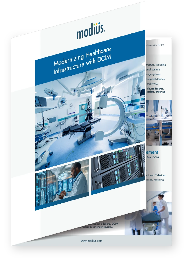 A brochure titled “Modernizing Healthcare Infrastructure with DCIM” by Modius, showing smart medical devices, data centers, and staff.