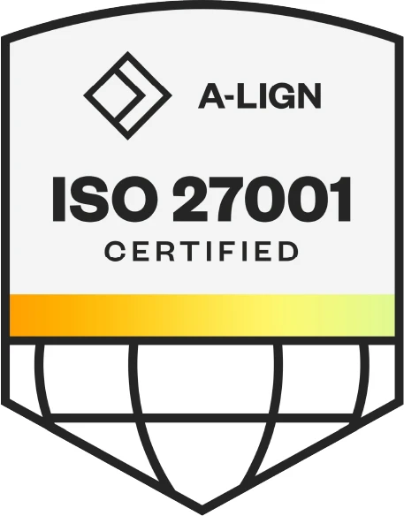 Shield-shaped badge with A-LIGN logo, ISO 27001 Certified text above a yellow stripe, and stylized globe outline, for DCIM company.