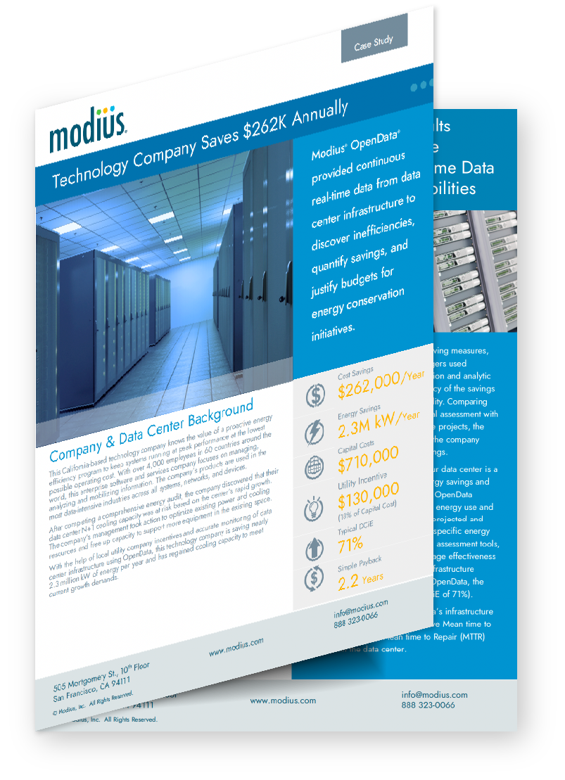 Two overlapping brochures display a data center with server racks. Headline: Company Saves $262K Annually with Infrastructure Management.