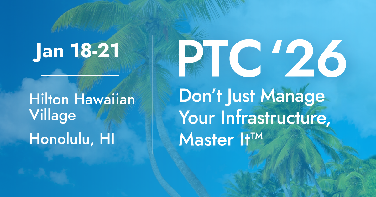 Event graphic for PTC 2026, Jan 18-21 at Hilton Hawaiian Village. “Optimize Your Data Center Infrastructure” over palm trees and sky.