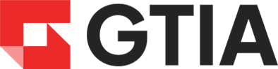 A stylized red geometric logo symbolizing connected data systems sits left of bold, black GTIA letters on a light gray background.