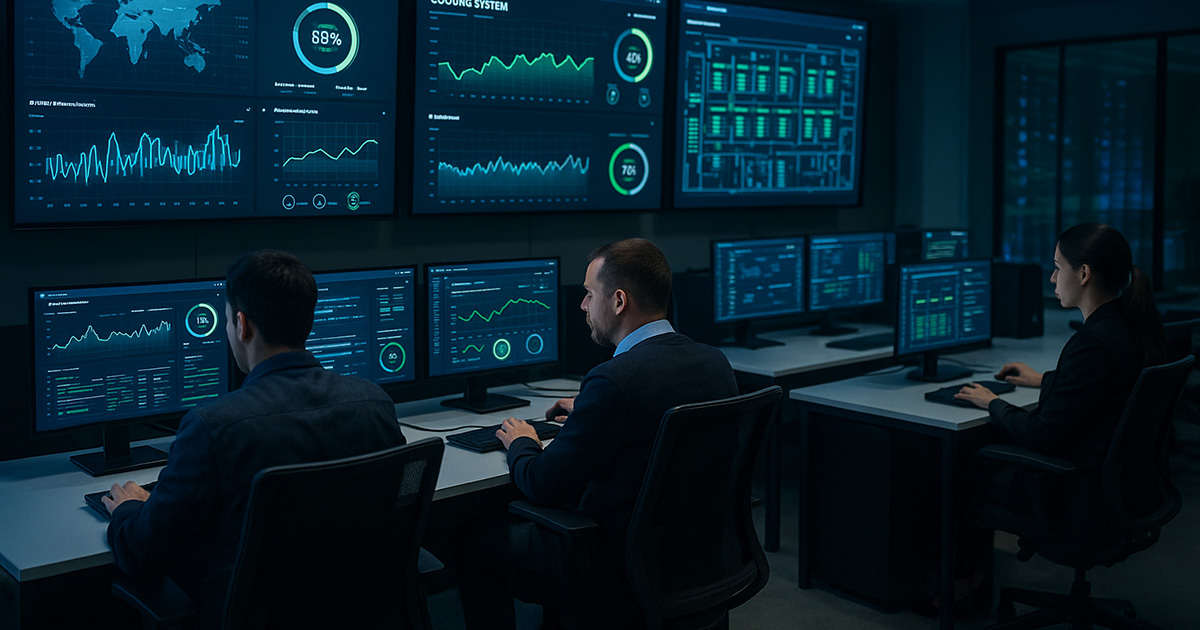 Operators at desks in a high-tech control room monitor real-time data and graphs on large screens, managing secure infrastructure.