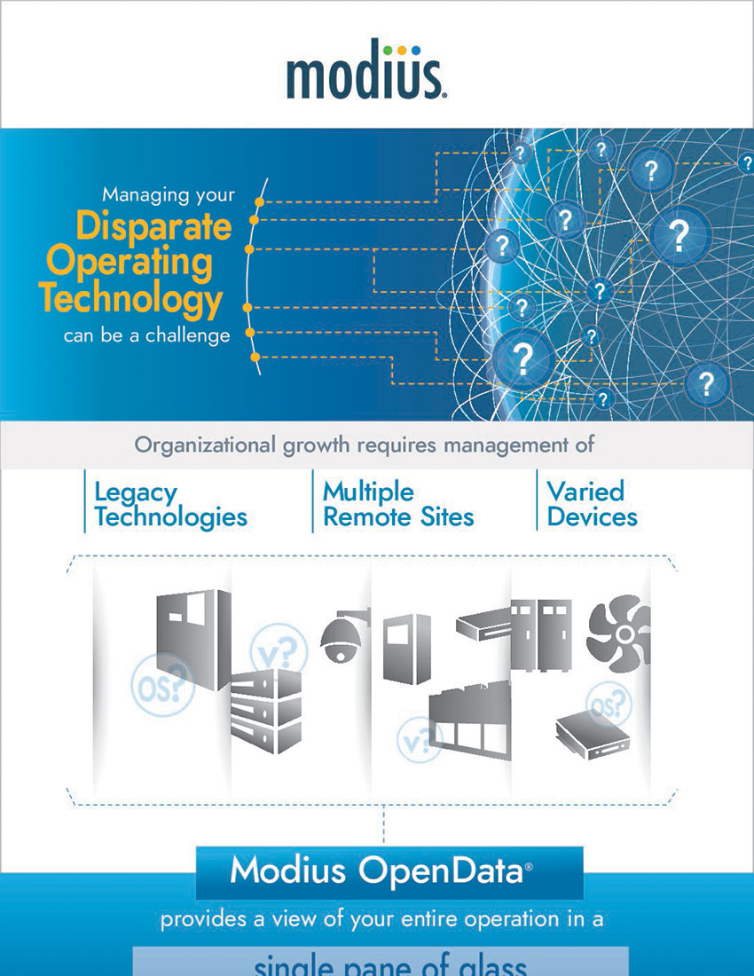 Infographic illustrating Modius OpenData unifying data center systems, legacy tech, remote sites, and devices with blue network icons.