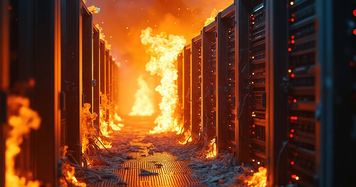 Intense flames overtake a server room, with fire spreading along floors and racks, highlighting critical infrastructure risks.