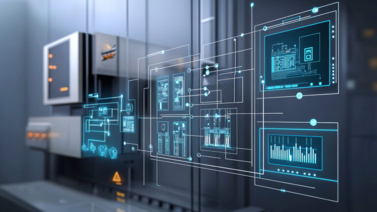 Modern control room with blue holographic screens showing real-time data, charts, and diagrams for DCIM N+1 monitoring in hybrid systems.
