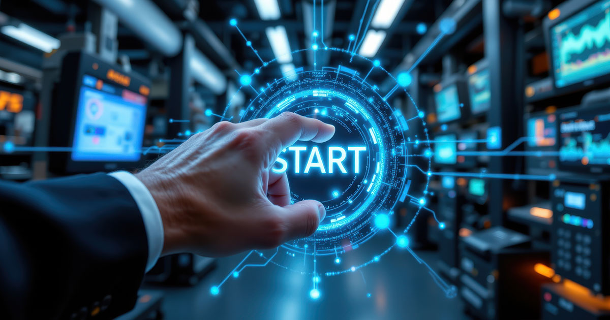 A hand reaches for a glowing virtual “START” button amid digital elements in a modern DCIM control room with screens and equipment.