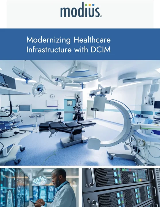 Cover page titled Modernizing Healthcare Infrastructure with DCIM, showcasing a hospital OR, digital analytics, and data center racks.
