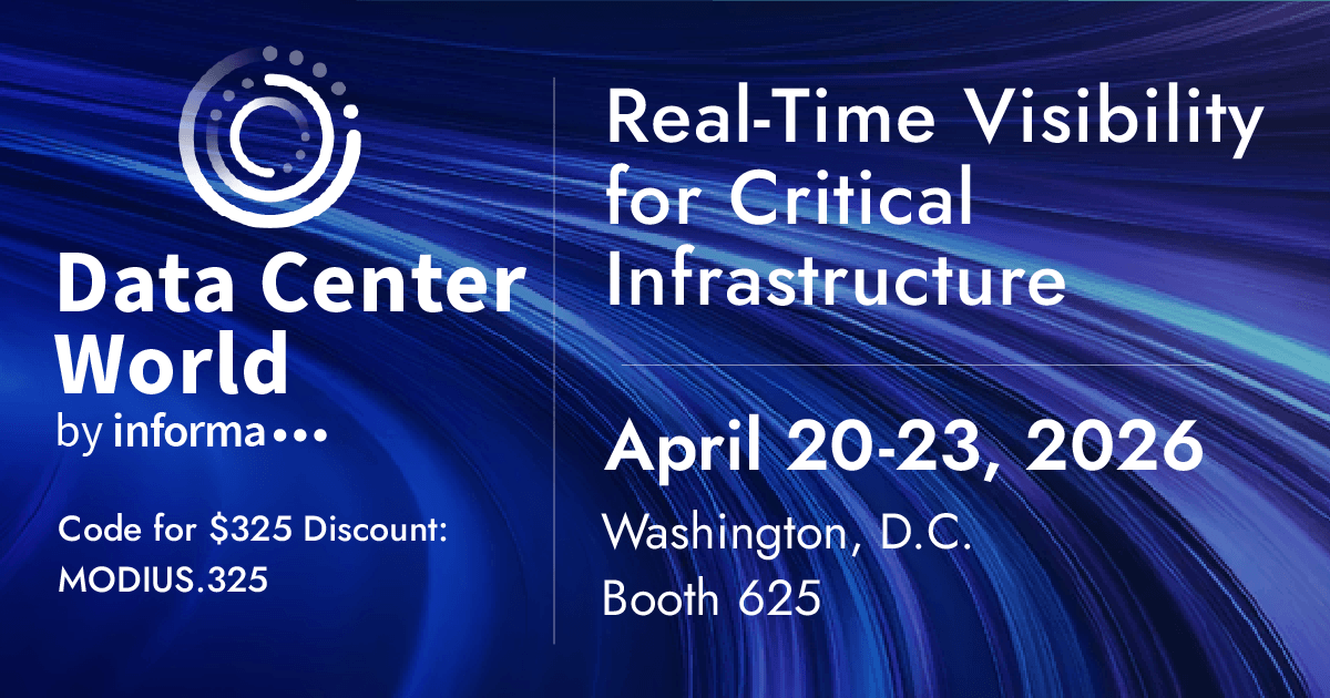 Join us at Data Center World 2026! Blue background, white text: Optimize Infrastructure. April 20-23, DC, Booth 625. Save $325 with code MODIUS.325.