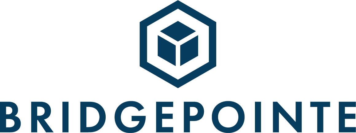 BRIDGEPOINTE in bold blue capitals beneath a blue hexagon logo with a 3D cube, representing data center infrastructure expertise.