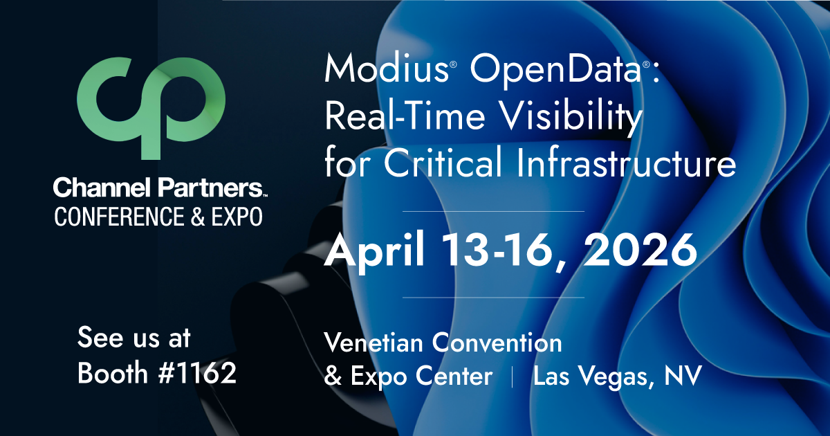 Modius OpenData at Channel Partners Expo: Apr 13-16, 2026, Venetian Expo, Las Vegas. Visit Booth #1162. Blue abstract design.