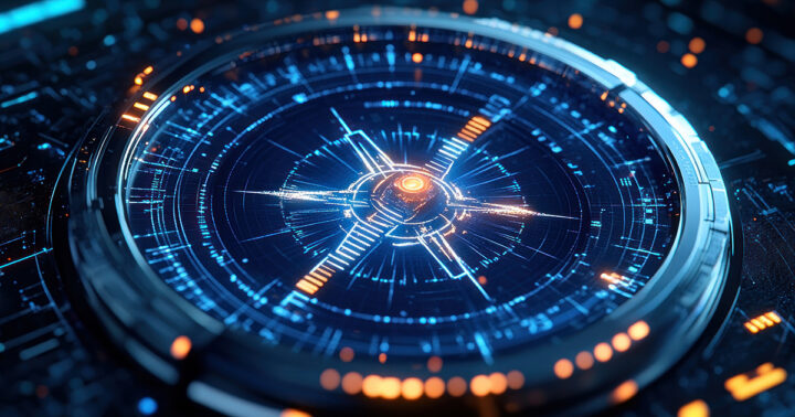 A sleek digital interface with glowing blue and orange rings, evoking advanced data center monitoring and infrastructure control systems.