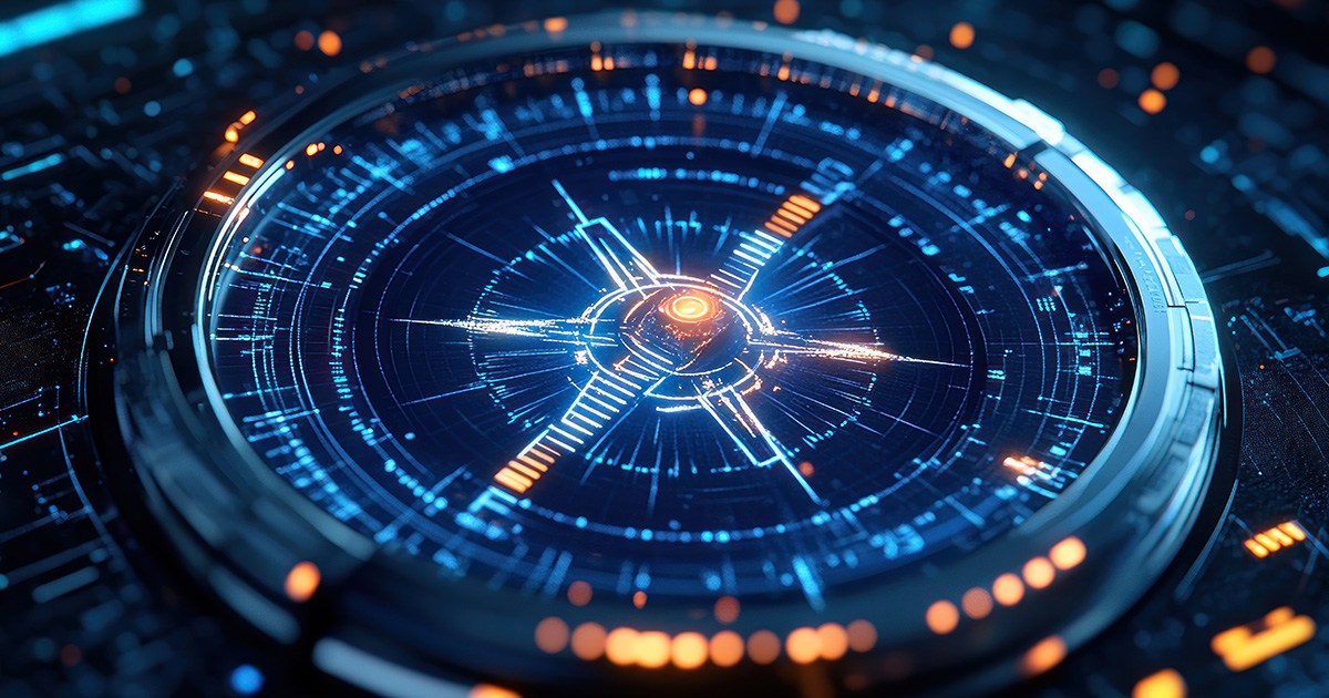 A sleek digital interface with glowing blue and orange rings, evoking advanced data center monitoring and infrastructure control systems.