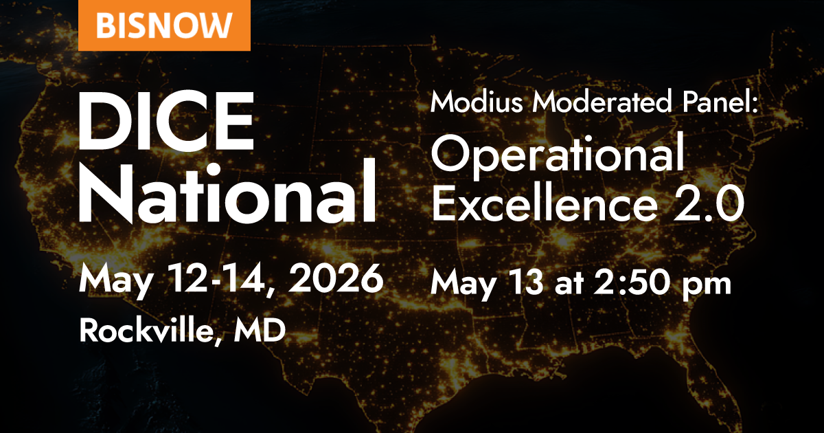 DICE National by Bisnow: Operational Excellence 2.0 panel led by Modius, May 13, 2:50 pm, Rockville, MD. Lit US map behind.
