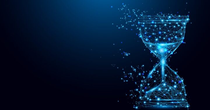 A digital hourglass of blue lines and dots disperses particles, representing live infrastructure data on a dark blue background.