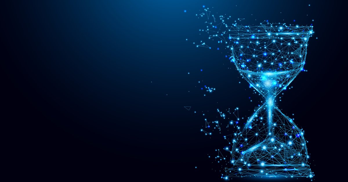 A digital hourglass of blue lines and dots disperses particles, representing live infrastructure data on a dark blue background.