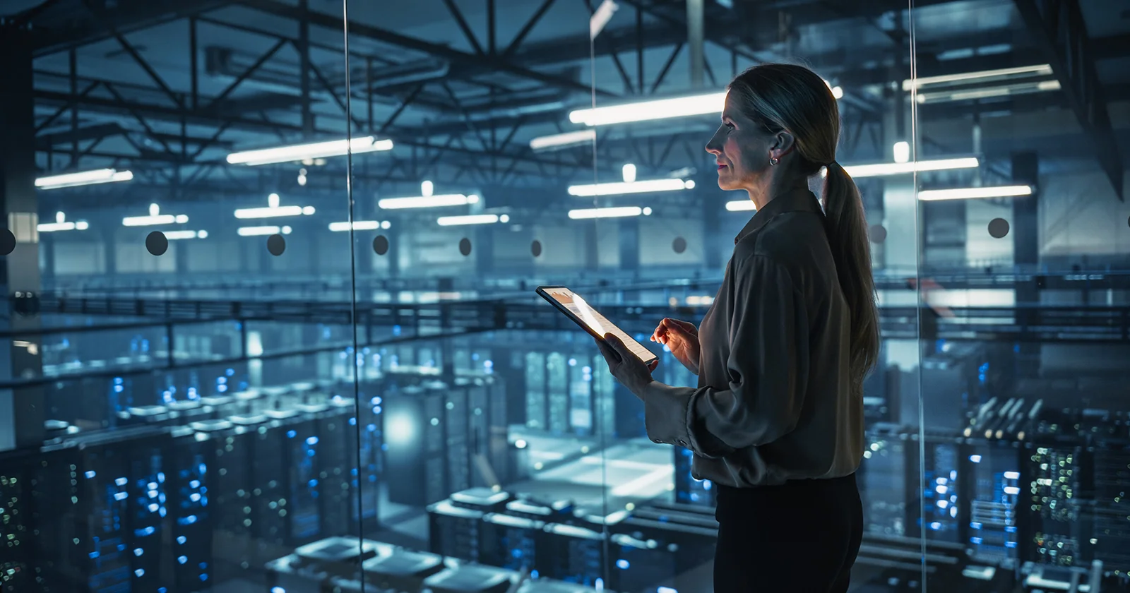 A professional monitors server racks using a tablet in a modern data center, with blue-lit servers showcasing advanced DCIM solutions.