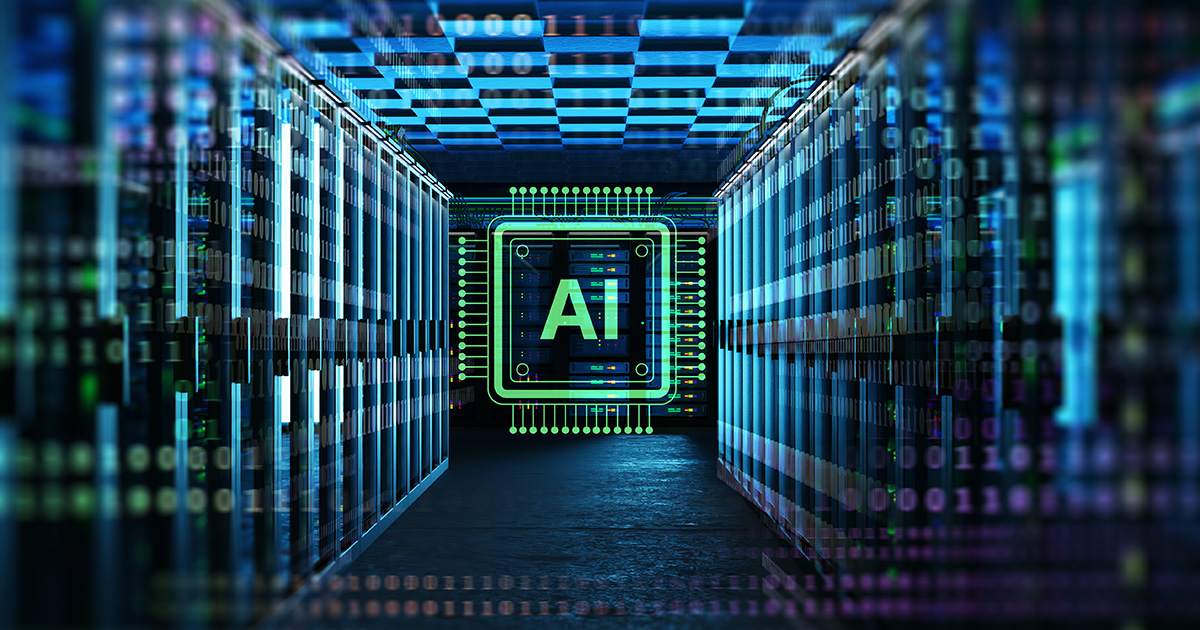 A glowing AI chip hovers in a high-tech data center, amid GPU server racks, digital code overlays, and advanced cooling visuals.