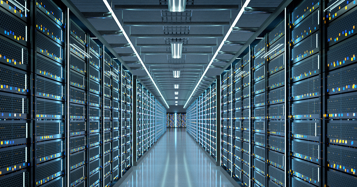 High-efficiency data center with organized server racks, advanced network gear, and blinking indicator lights on a polished floor.