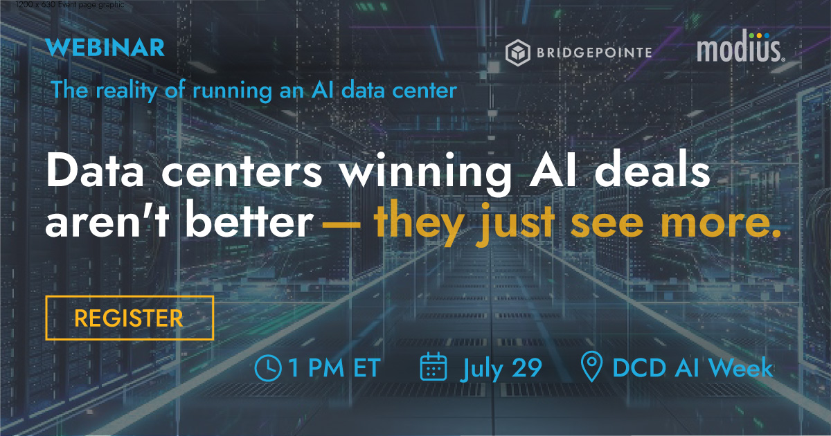 Webinar ad for a Data Center Infrastructure Management company: &ldquo;The secret to AI deal success isn&rsquo;t luck&mdash;it&rsquo;s visibility. Learn how optimizing your data center management with AI gives you the competitive advantage. Join us July 29 at 1 PM ET.&rdquo; Features a &ldquo;Register&rdquo; button, Bridgepointe and Modius logos, and an AI-inspired data center background.