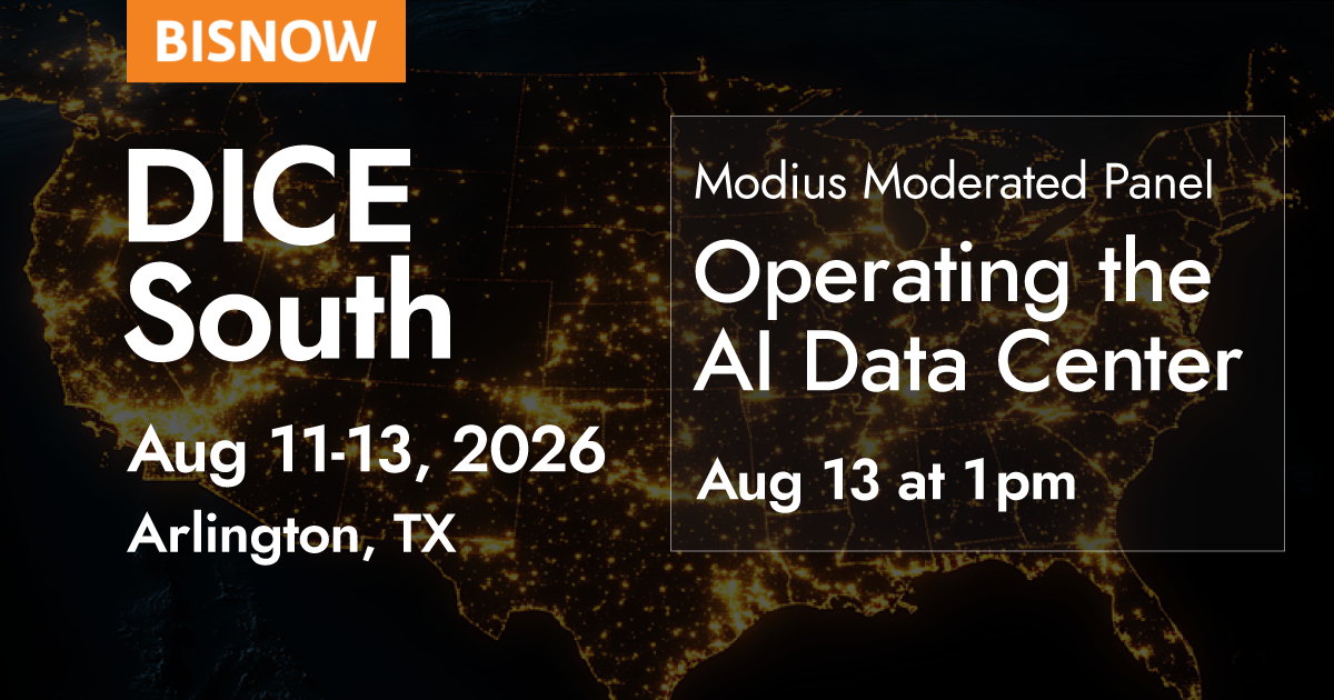 Bisnow DICE South event in Arlington, TX, August 11&ndash;13, 2026. Modius-led panel discussion: Operating the AI Data Center, set for August 13 at 1pm. Background features a nighttime map of the U.S., illuminated with city lights.
