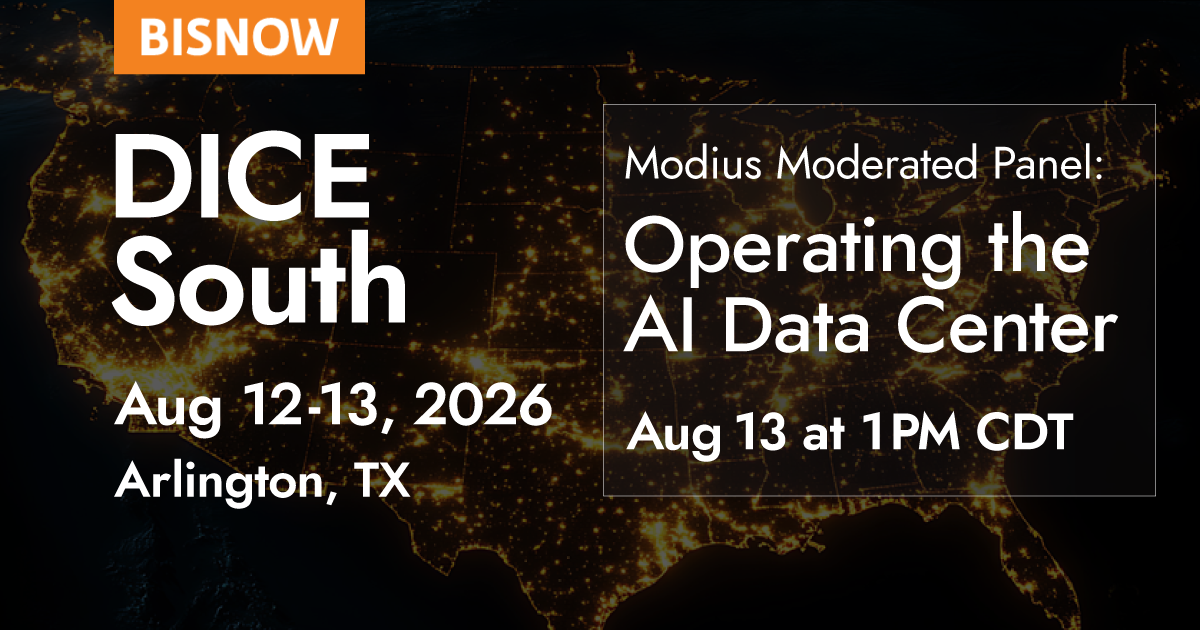 Connect with top professionals in data center infrastructure management at DICE South 2026 during BISNOW&rsquo;s flagship event, held August 12-13 in Arlington, TX. Attend the Modius-hosted panel discussion on &ldquo;Operating the AI Data Center&rdquo; on August 13 at 1PM CDT. The visual features a vibrant US map highlighted by illuminated cities, capturing the energy and innovation of this premiere industry gathering focused on advanced operational strategies and real-time facility insights.