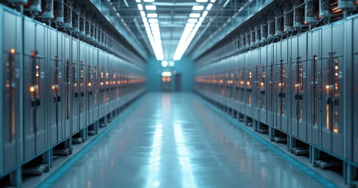 A well-illuminated data center showcases two parallel rows of organized server racks with neatly arranged cables and active indicator lights. The scene highlights a modern, efficient facility with a polished reflective floor, optimized layout for space utilization, reduced stranded power capacity, and exemplary infrastructure management.