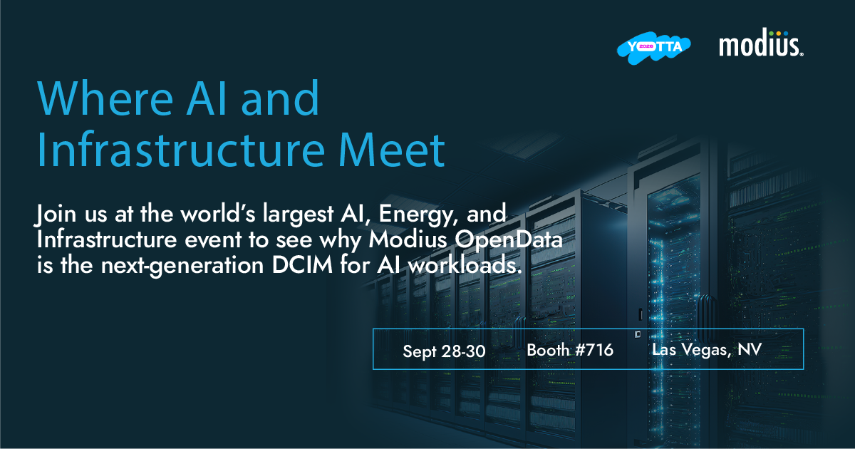 A promotional graphic for Modius OpenDatas, featuring sleek data center server racks and key event information: September 28-30, Booth #716, Las Vegas, NV. The headline reads &ldquo;Where AI and Infrastructure Connect.&rdquo;.