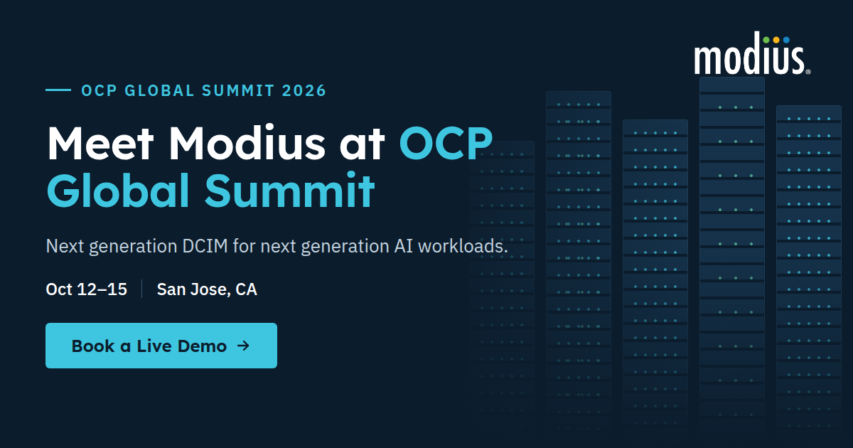 Graphic for a Data Center Infrastructure Management company promoting OCP Summit 2026—meet Modius in San Jose, CA, October 12–15. Schedule a live demo to see advanced data center solutions and learn more at the OCP Global Summit. Visual features include stylized building silhouettes in the background.