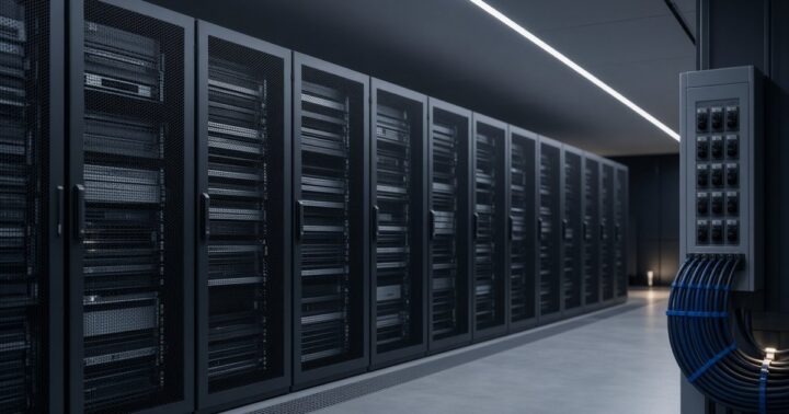 A data center row with open rack space and power distribution, used for capacity planning.