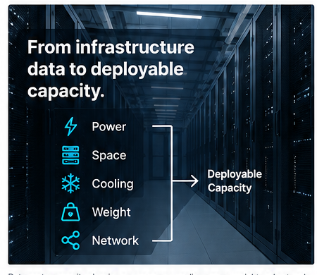 Five resources that determine deployable data center capacity: power, space, cooling, weight, and network.