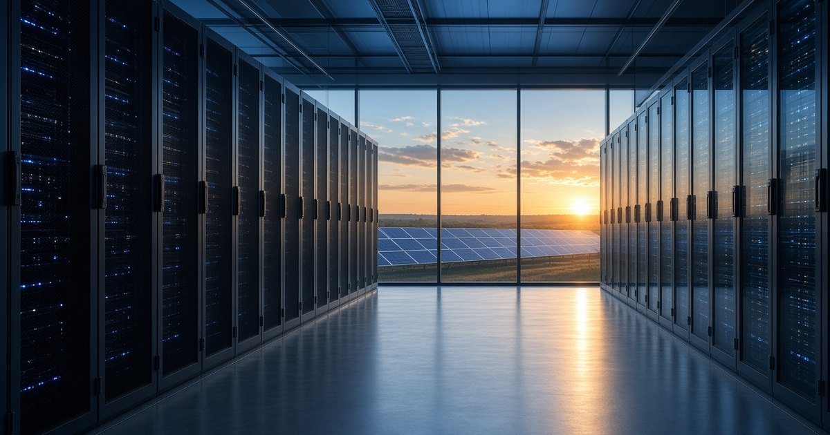 A data center aisle opening onto rows of solar panels in late-afternoon light.