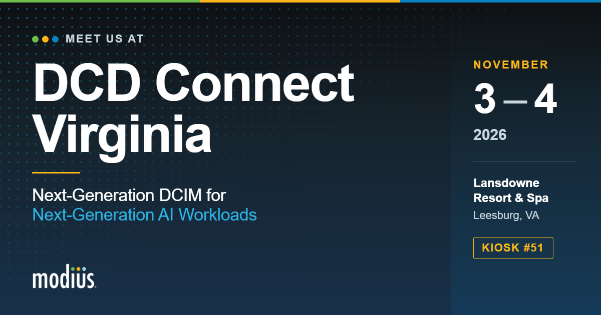 Data Center Infrastructure Management (DCIM) event graphic for DCD Connect Virginia on November 3–4, 2026, at Lansdowne Resort & Spa, featuring Modius at Kiosk #51.