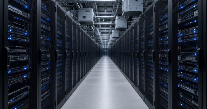 High-density server racks in an AI data center aisle