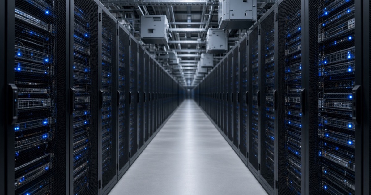 High-density server racks in an AI data center aisle
